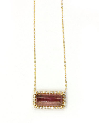 14k Solid Gold Diamond Necklace With Pink Tourmaline Stone