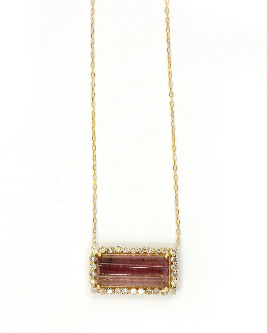 14k Solid Gold Diamond Necklace With Pink Tourmaline Stone