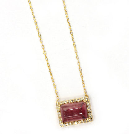 14k Solid Gold Diamond Necklace With Pink Tourmaline Stone