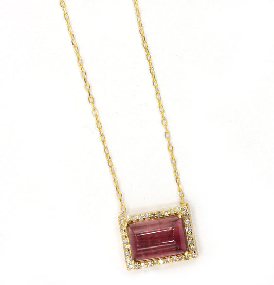 14k Solid Gold Diamond Necklace With Pink Tourmaline Stone