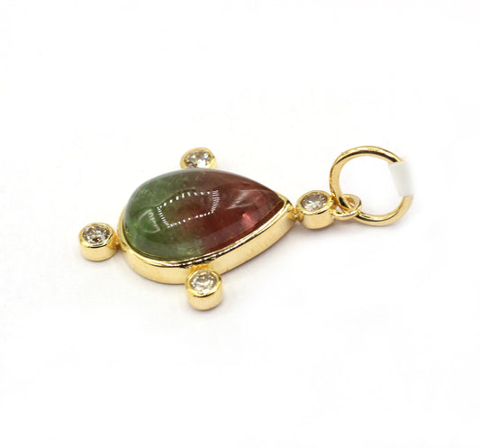 Pear 14k Solid Gold Diamond Pendants With Tourmaline Stone