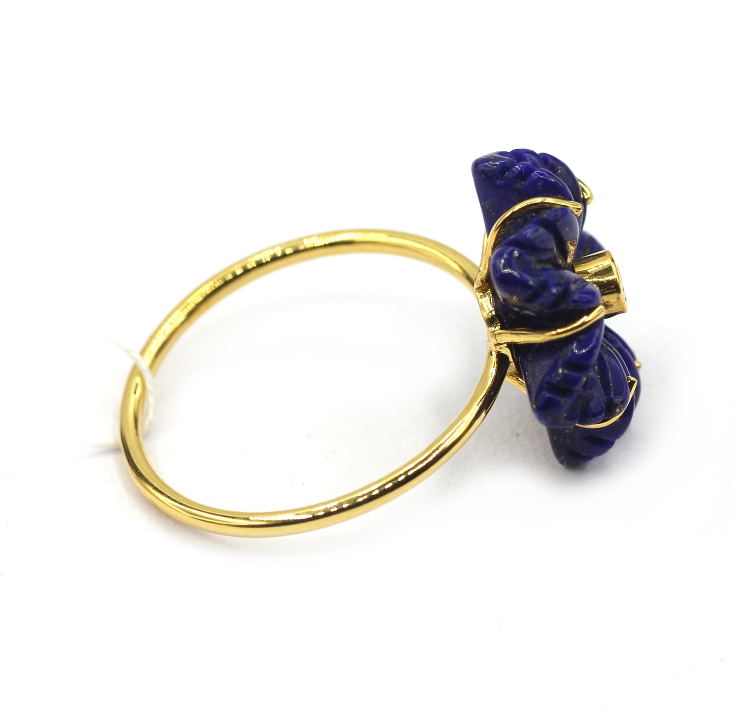 14K Gold Ring with Carved Lapis Lazuli Flower and Diamond Center