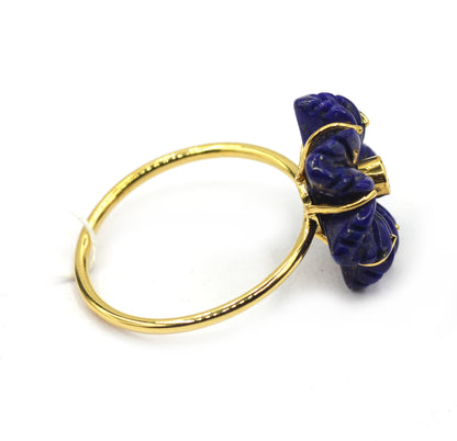 14K Gold Ring with Carved Lapis Lazuli Flower and Diamond Center