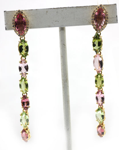 14k Gold Diamond Earring With multi Tourmaline Stone