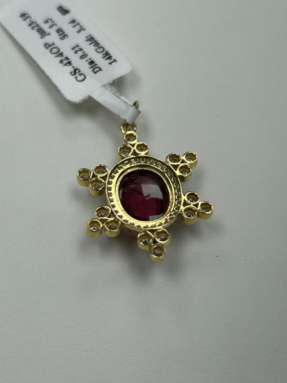 14K SOLID GOLD OVAL SHAPE PINK TOURMALINE AND DIAMOND PENDANT