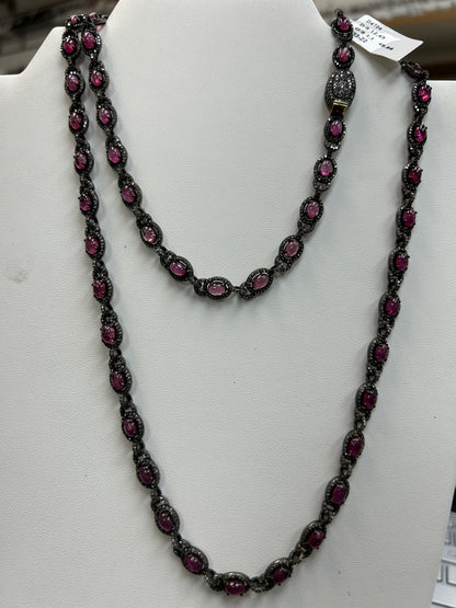 Natural Pink Tourmaline With Diamond Long Necklace