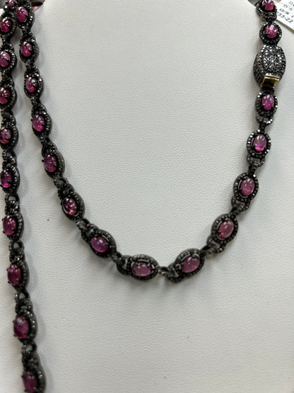 Natural Pink Tourmaline With Diamond Long Necklace