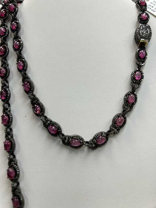 Natural Pink Tourmaline With Diamond Long Necklace