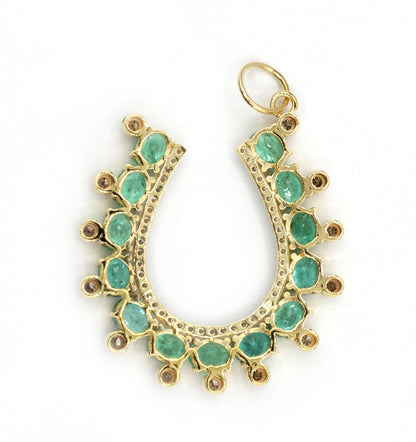 14k Solid Gold Horse Shoe Pendant with Emerald and Diamonds