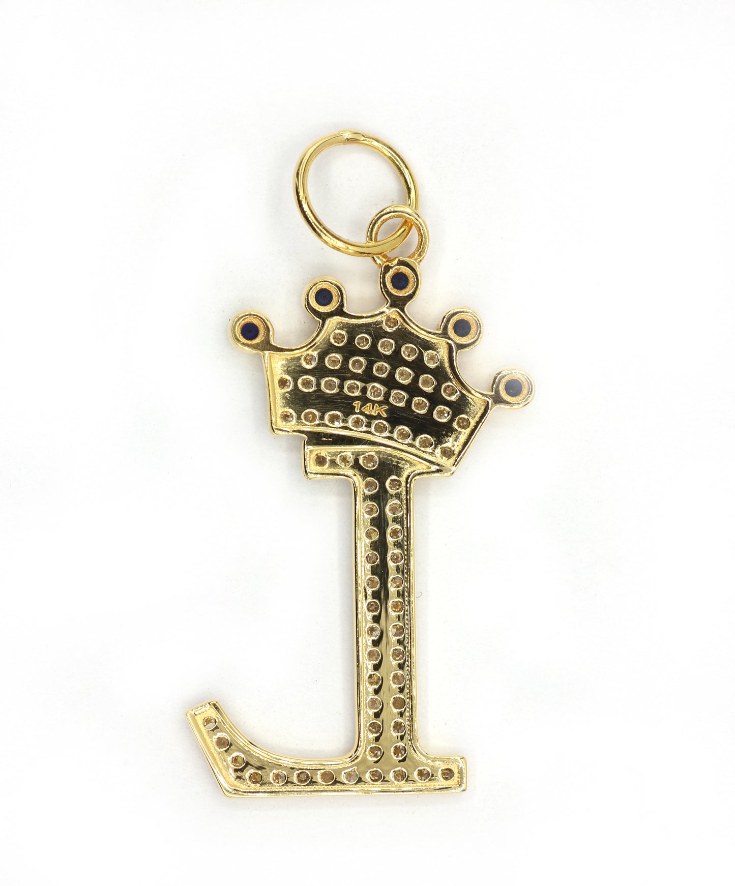 14K Gold Crown Initial Pendant with Diamonds and Blue Sapphires