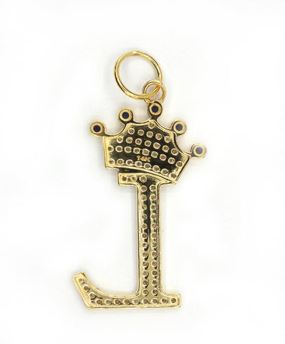 14K Gold Crown Initial Pendant with Diamonds and Blue Sapphires