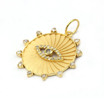 Round Evil Eye 14k Solid Gold Diamond Pendants.