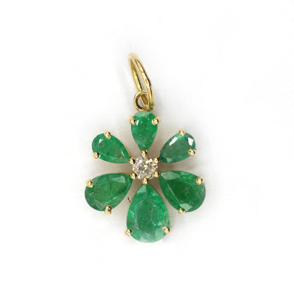 Flower 14k Solid Gold Diamond With Emerald Stone Pendants.