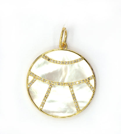 Round Mother Of Pearl 14k Solid Gold Diamond Pendants.