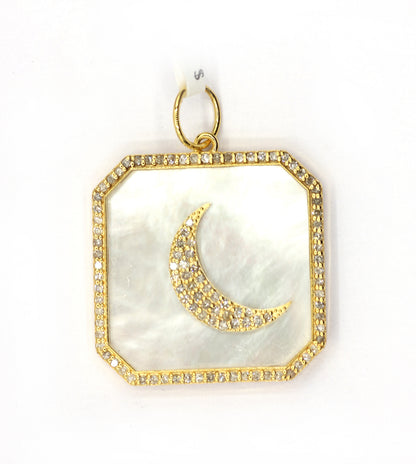 14k Solid Gold Diamond Pendants With Mother of Pearl Stone .
