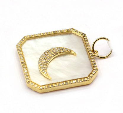 14k Solid Gold Diamond Pendants With Mother of Pearl Stone .