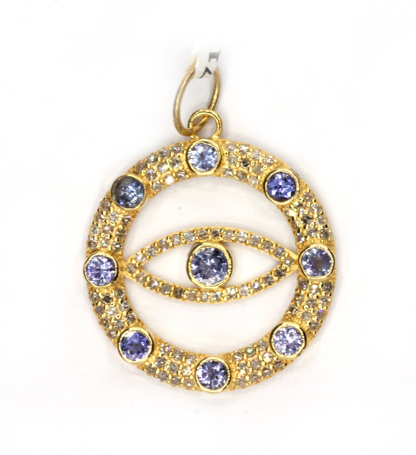 Round Evil Eye 14k Solid Gold Diamond Pendants.