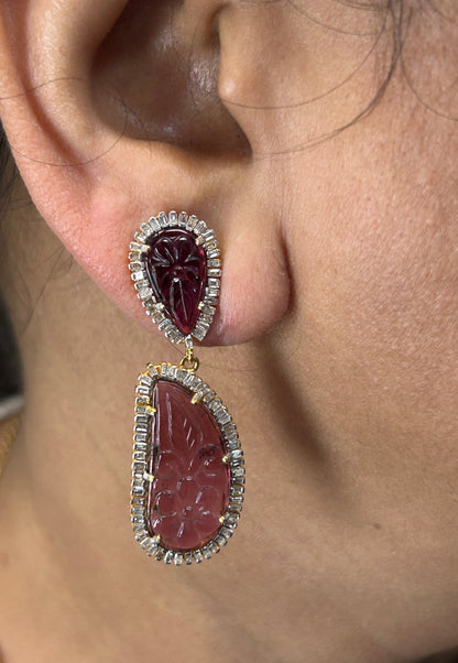 Pink tourmaline 14k Solid Gold Diamond Earring
