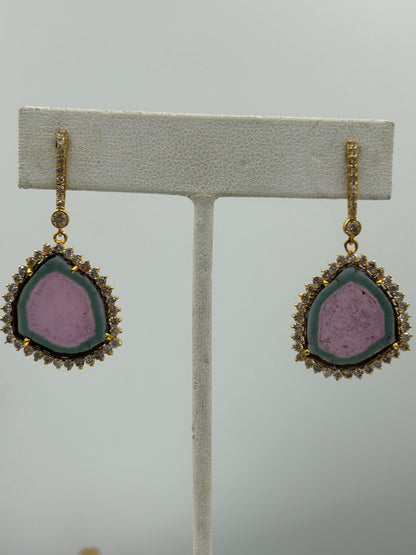 Pink Tourmaline 14k Solid Gold Diamond Earring