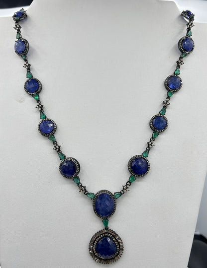 Tanzanite and Emerald Long Necklace with Diamonds