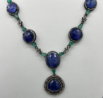 Tanzanite and Emerald Long Necklace with Diamonds