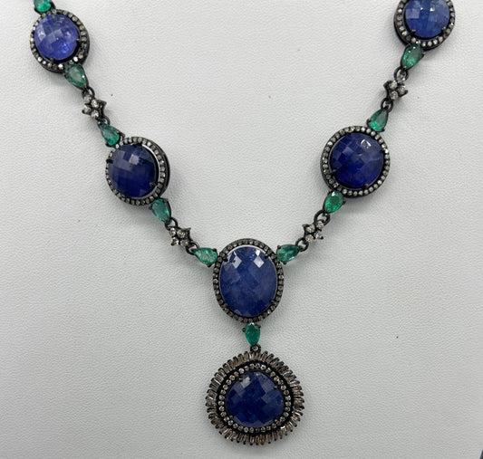 Tanzanite and Emerald Long Necklace with Diamonds