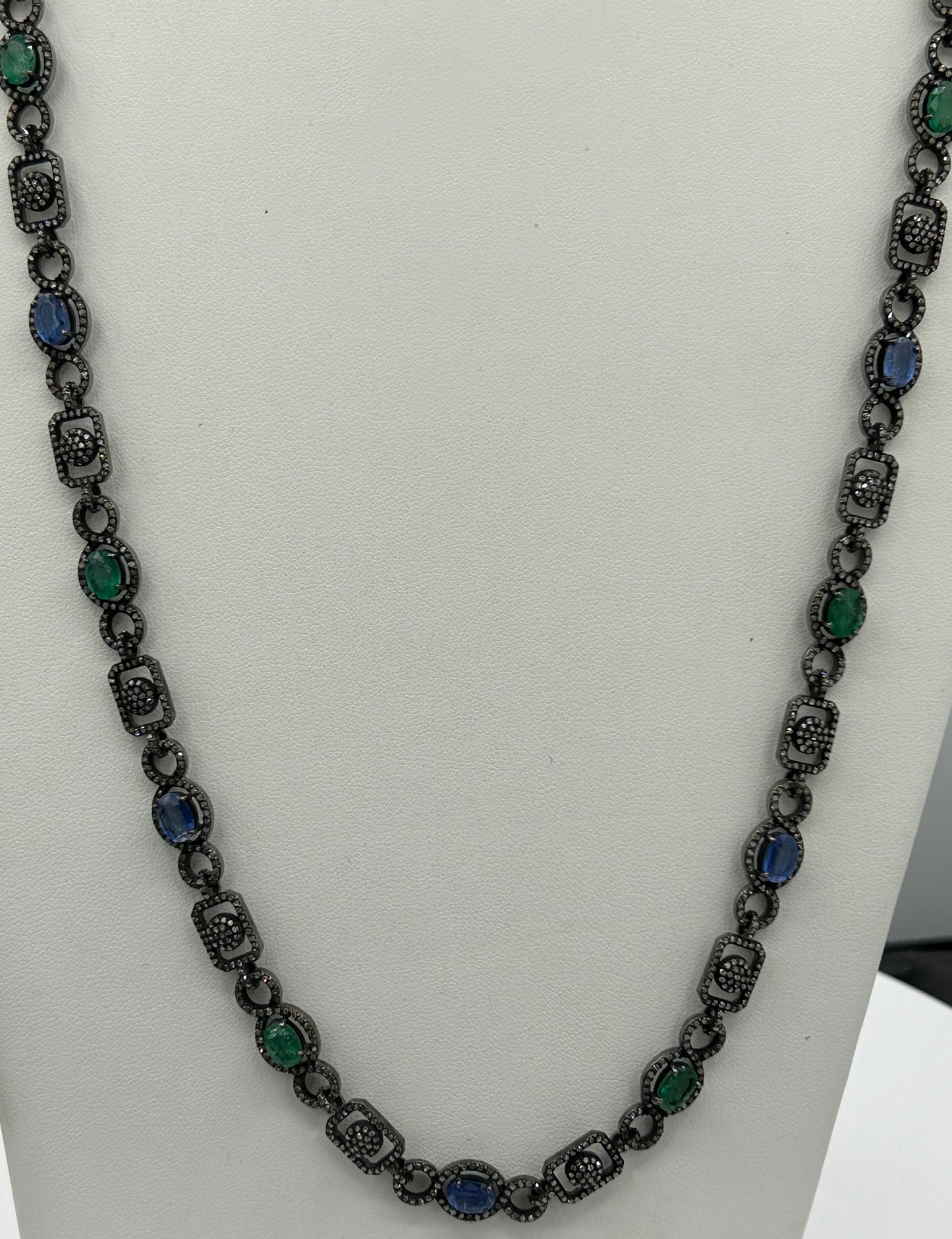 Kynite and Emerald Long Necklace with Diamonds