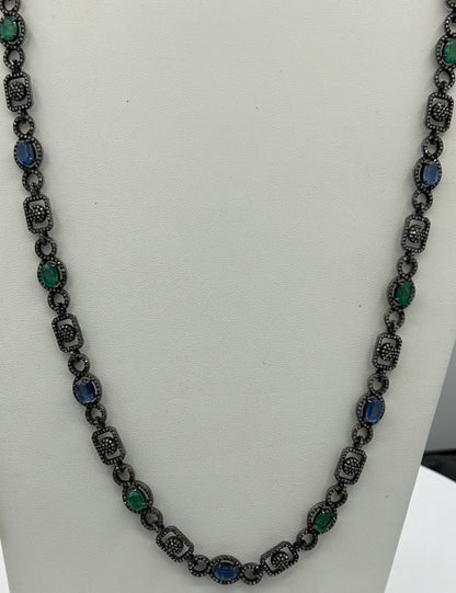 Kynite and Emerald Long Necklace with Diamonds