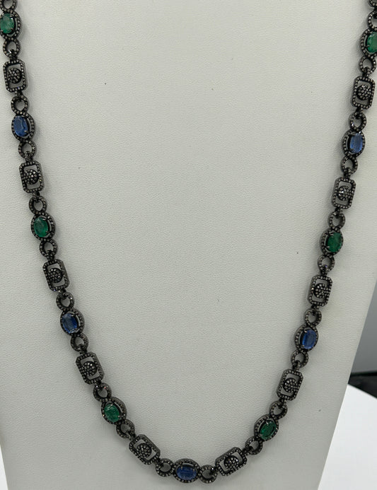 Kynite and Emerald Long Necklace with Diamonds