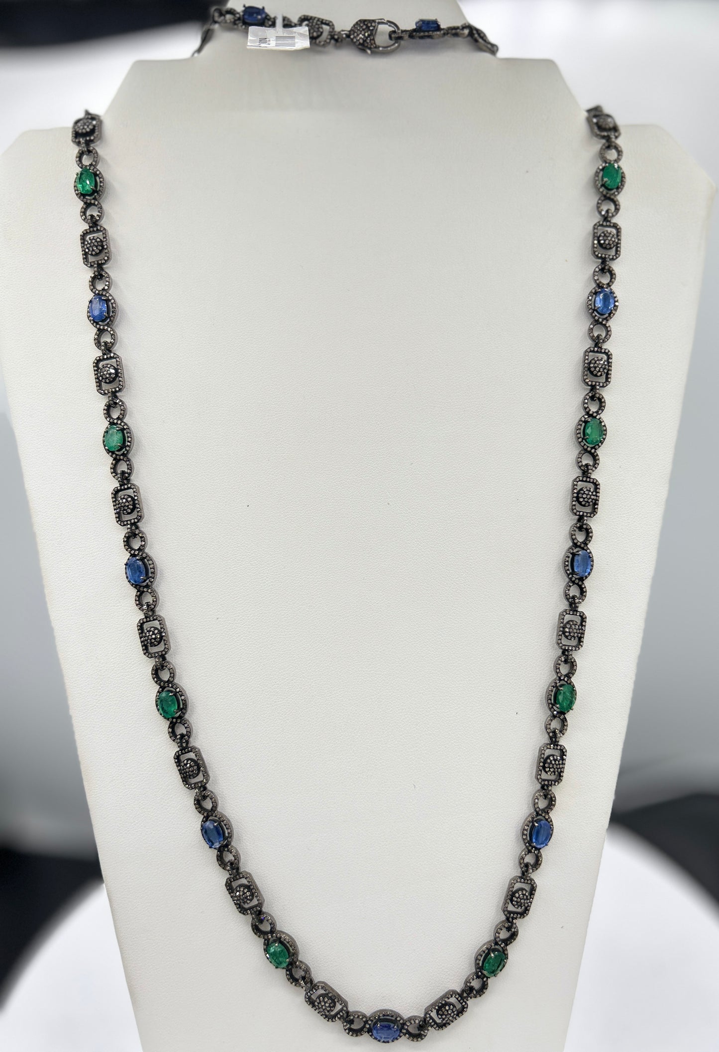 Kynite and Emerald Long Necklace with Diamonds