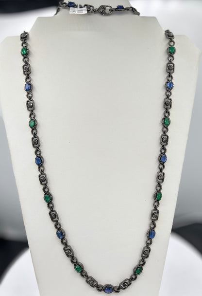 Kynite and Emerald Long Necklace with Diamonds