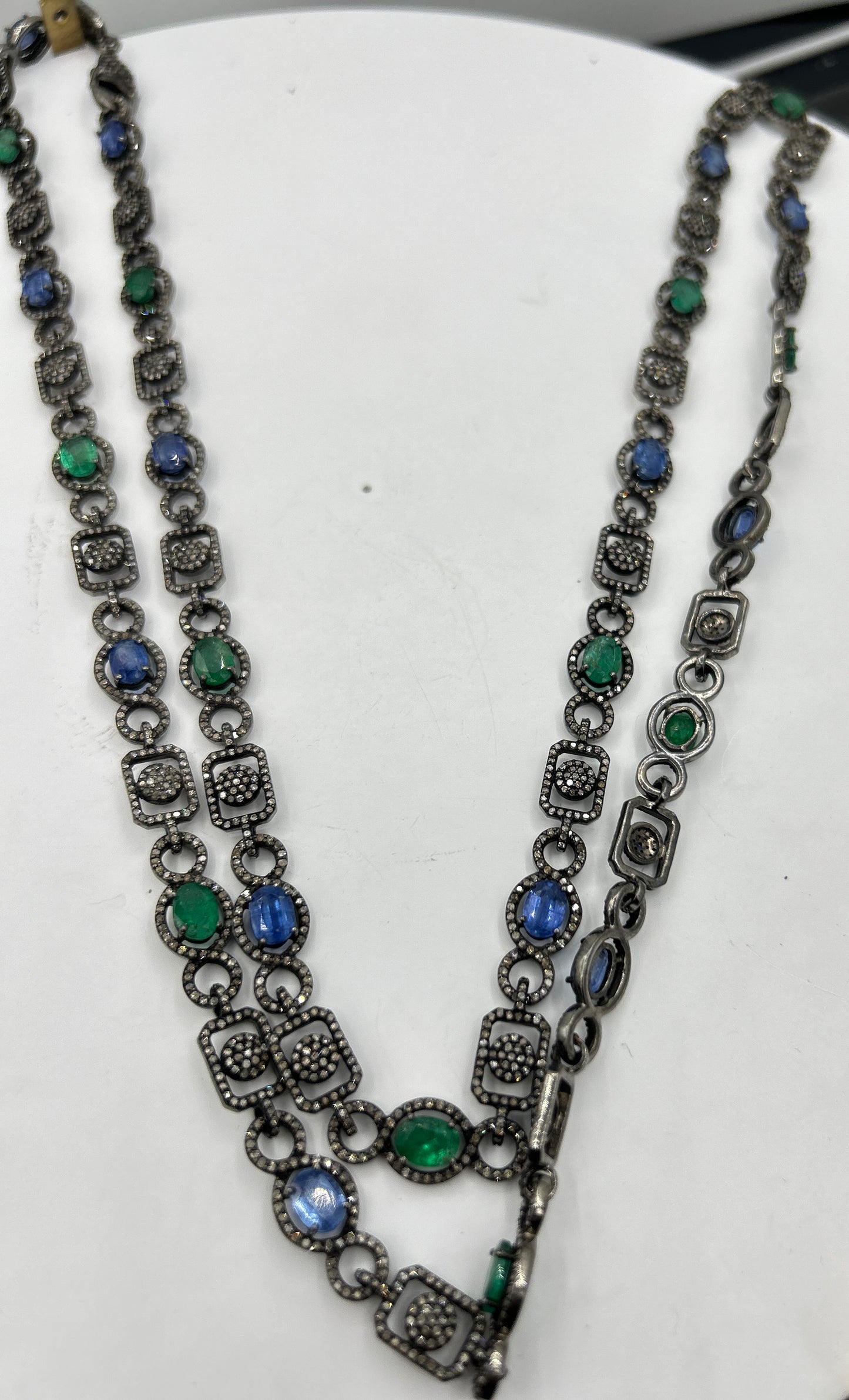 Kynite and Emerald Long Necklace with Diamonds