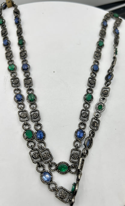 Kynite and Emerald Long Necklace with Diamonds