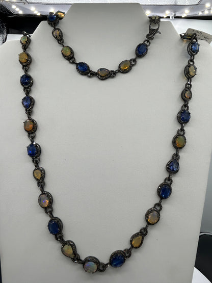 Kynite and Opal Long Necklace with Diamonds