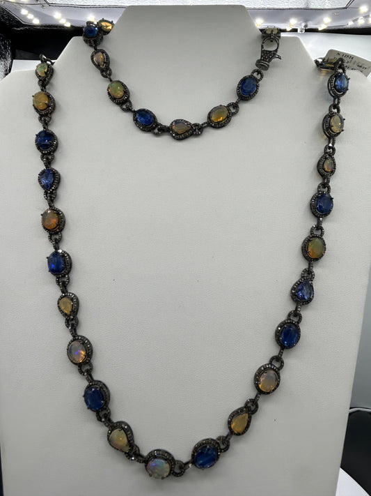Kynite and Opal Long Necklace with Diamonds