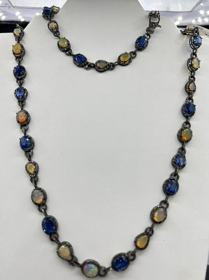 Kynite and Opal Long Necklace with Diamonds