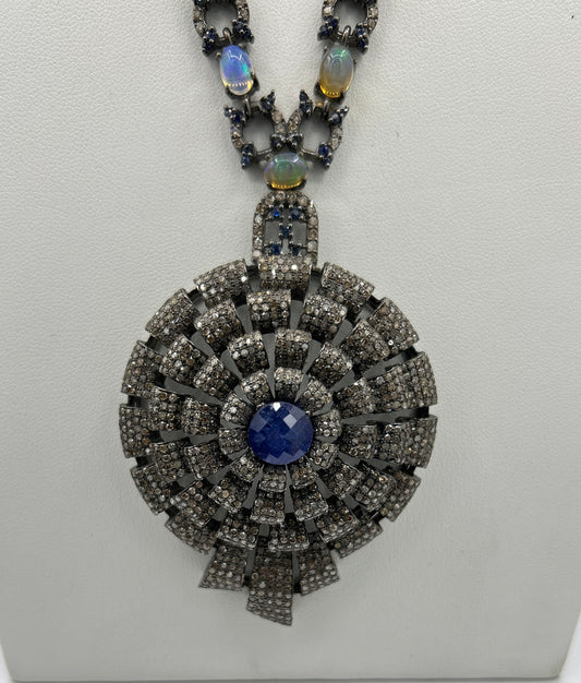 Tanzanite Sapphire and Opal Long Necklace with Diamonds