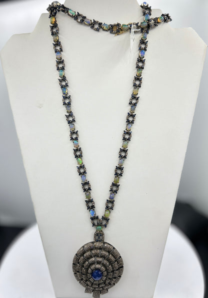Tanzanite Sapphire and Opal Long Necklace with Diamonds