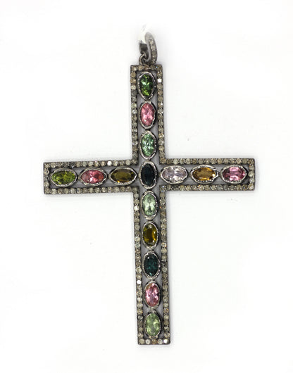 Cross Shape Silver Pave Diamond Pendant