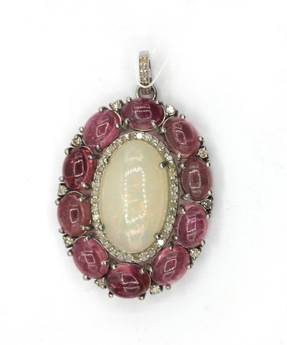 Oval Silver Pave Diamond Pendant With Opal & Tourmaline Stone