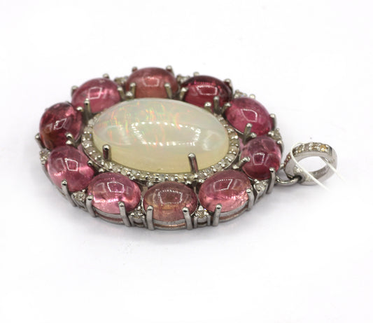 Oval Silver Pave Diamond Pendant With Opal & Tourmaline Stone