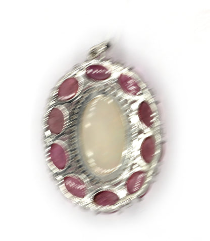 Oval Silver Pave Diamond Pendant With Opal & Tourmaline Stone