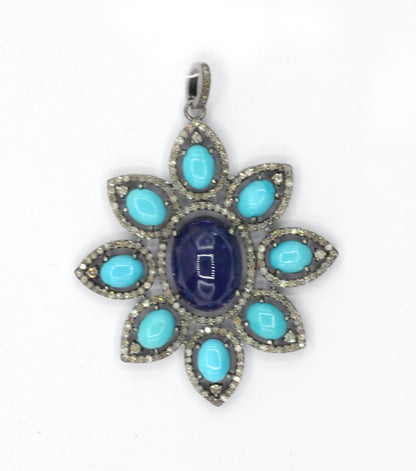 Silver Pave Diamond Pendant With Turquoise & Tanzanite Stone