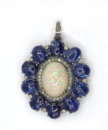 Silver Pave Diamond Pendant With Tanzanite & Opal Stone