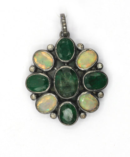 Silver Pave Diamond Pendant With Emerald & Opal Stone
