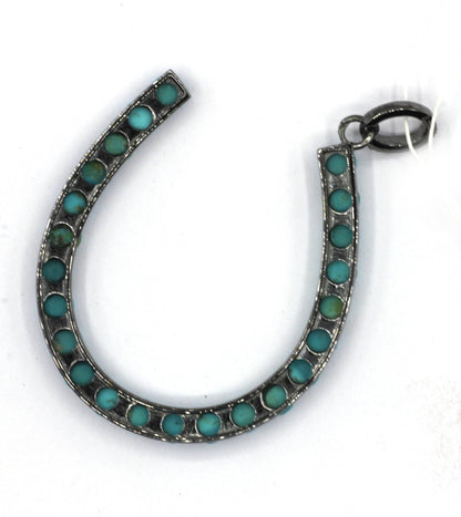 Horse shoe Silver Pave Diamond Pendant With Turquoise Stone