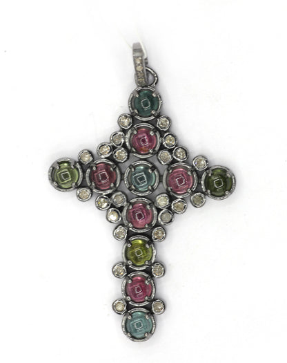 Cross Silver Pave Diamond Pendant With Tourmaline Stone