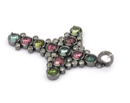 Cross Silver Pave Diamond Pendant With Tourmaline Stone