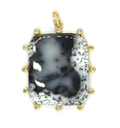 Rectangle 925 Silver Pave Diamond Pendant With Dendrite opal Stone