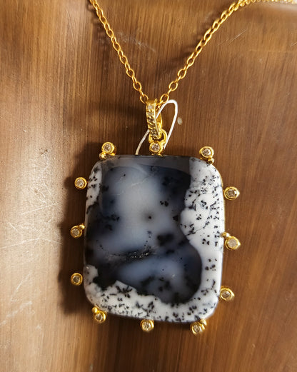 Rectangle 925 Silver Pave Diamond Pendant With Dendrite opal Stone